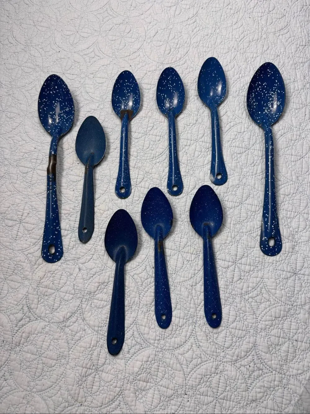 Vintage Blue and White Speckled Enamelware/Graniteware Spoons - Set of 9